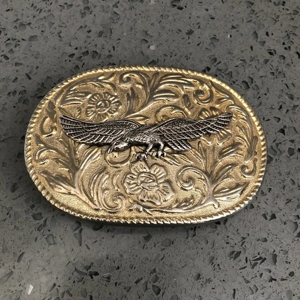 Flying Eagle Filigree Silver Gold Belt Buckle Western Vintage Men's Accessory